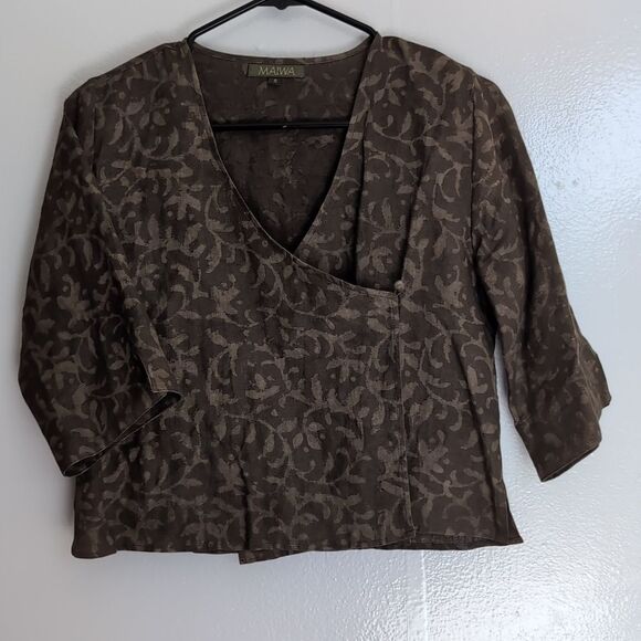 Maiwa Studio 100 Linen  Floral wrap Cropped Top S - Picture 2 of 16